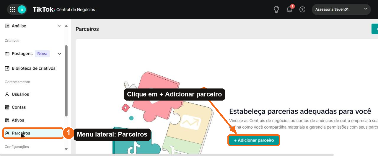 Tela do Business Center com o item Parceiros destacado no menu lateral e o botão Adicionar parceiro marcado com uma seta.