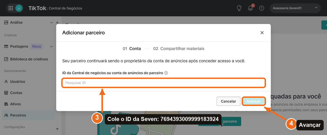 Formulário Adicionar parceiro com o campo de ID destacado e o botão Avançar marcado.