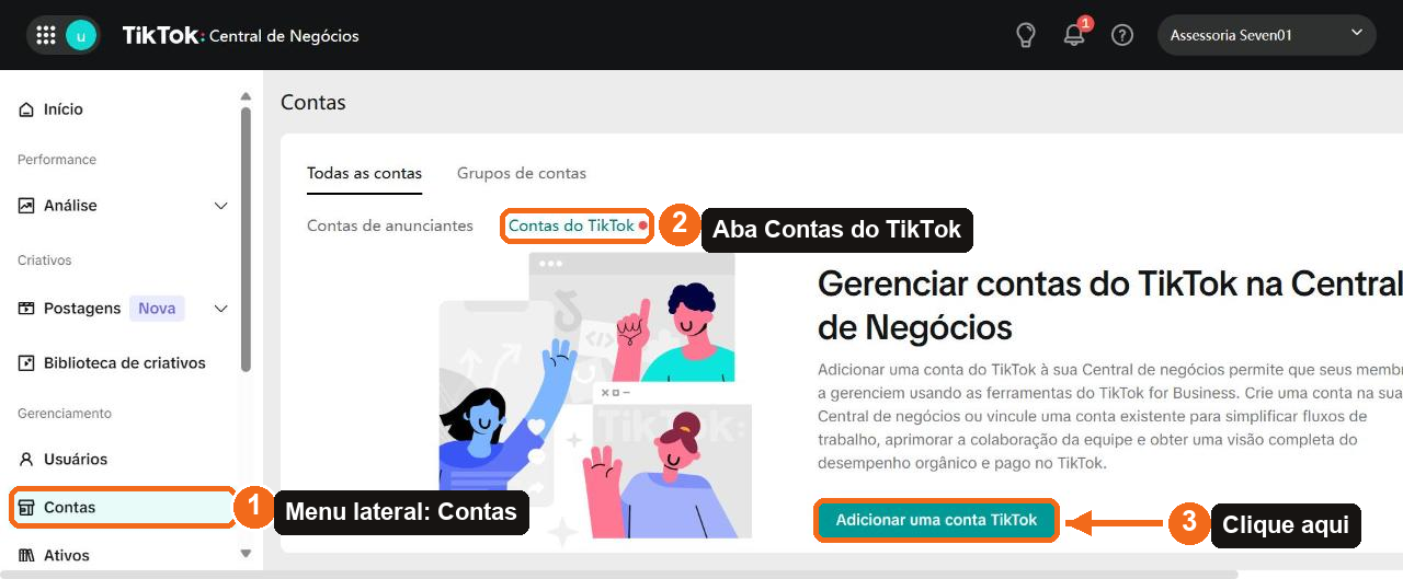 Tela Contas do Business Center da Seven, com a aba Contas do TikTok e o botão Adicionar uma conta TikTok destacados.