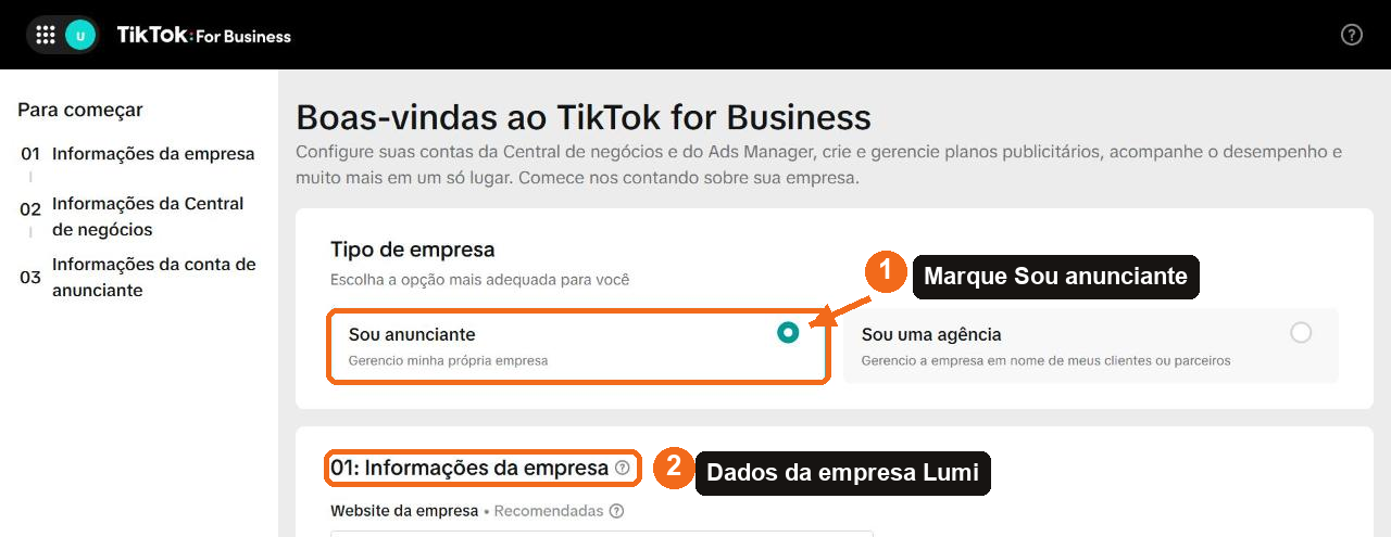 Tela Boas-vindas ao TikTok for Business com a opção Sou anunciante destacada e a seção 01 Informações da empresa marcada.