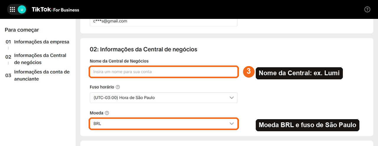 Seção 02 Informações da Central de negócios com o campo de nome destacado e a moeda BRL marcada.